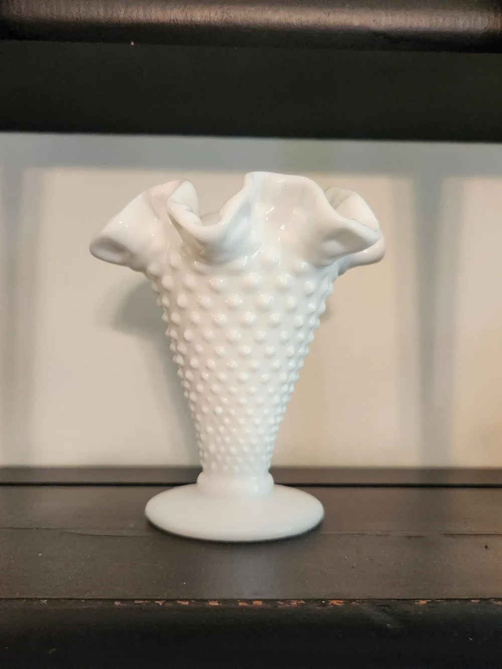 Vintage Fenton White Milk Glass Hobnail Ruffled Mini Vase